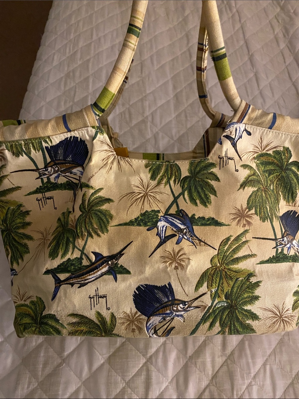 Guy Harvey Tropical Palm & Marlin Print shoulder Bag in Beige and Green